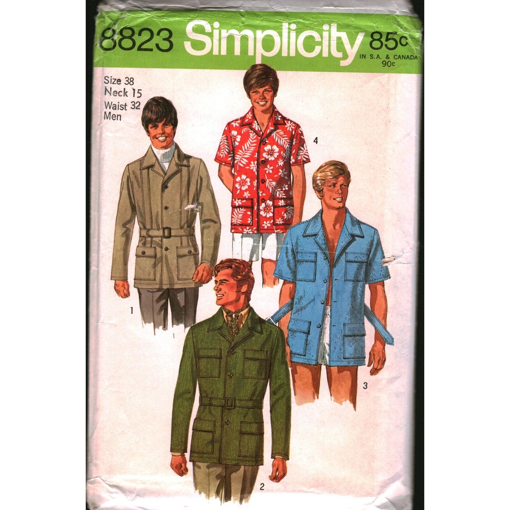 Vintage 1970 Simplicity 8823 Mens Safari Shirt Jacket Sewing Pattern Size 38